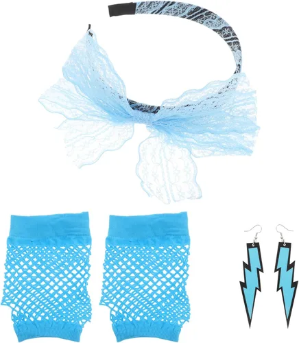 Vista 5 de LOGOFUN 80s Retro Party Accessories Lace Headband Neon Earrings Fishnet Gloves for Halloween Costume