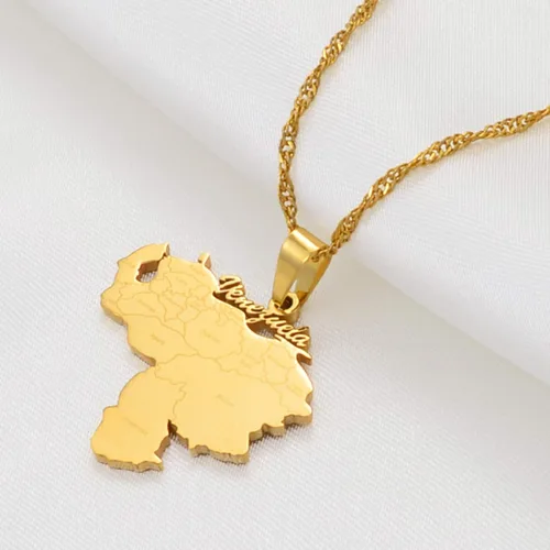 Vista 2 de SHOUJIQQ Map of Venezuela - Collares con colgante para mujeres y hombres, mapas de encanto, cadena de clavícula, collar étnico de hip hop