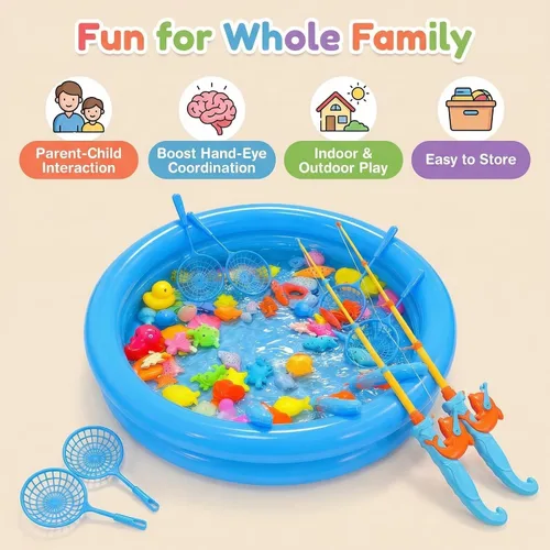 Vista 3 de Juego de pesca magnético, juguetes de piscina para niños, mesa de agua, tina, juguete de pesca con piscina inflable, piscina de agua juguetes al