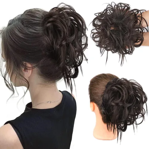 Vista 39 de HMD - Extensiones de cabello tipo chongo alborotado con rodelo despeinado, banda elástica de goma, extensiones de cabello sintético para mujer
