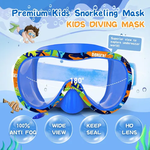 Vista 2 de Gafas de natación para niños con cubierta para la nariz, máscara de esnórquel panorámica de 180° con diseño antivaho y antifugas, correa de tela