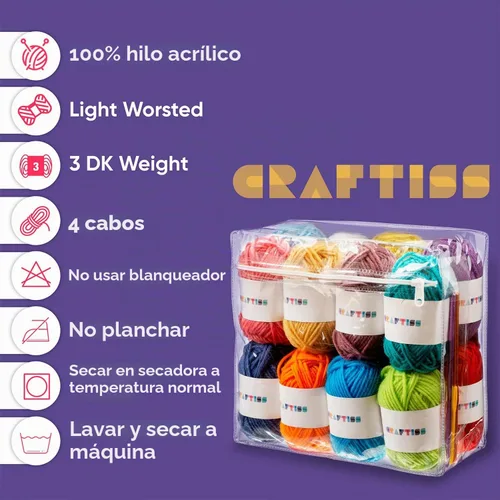 Vista 4 de CRAFTISS 16 de 20g/0.7Oz de hilo acrílico Mini Skeins - 640 metros de hilo suave para proyectos de crochet y tejer, kit de inicio a granel