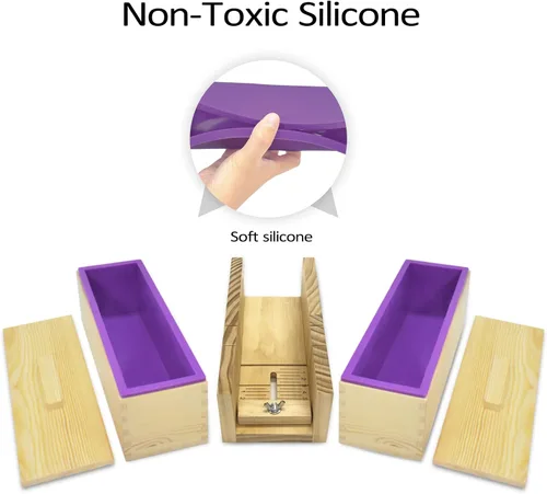 Vista 3 de Artcome Kit de moldes de corte para hacer jabón de pan, 2 moldes rectangulares de silicona de 42 onzas, 2 cajas de madera con tapa, herramienta
