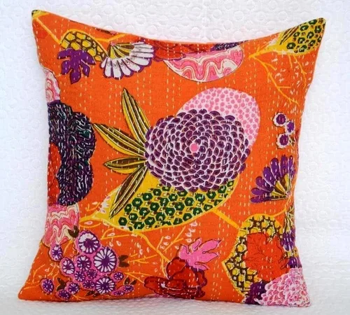 Vista 4 de Kantha - Funda de cojín decorativa hecha a mano, 16 x 16 pulgadas, funda de almohada étnica, funda de cojín indio (beige)