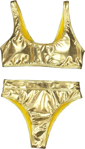 Vista 2 de YAUASOPA Sexy líquido metálico brillo dos piezas push up traje de baño femenino brillante sólido corte alto ropa de playa