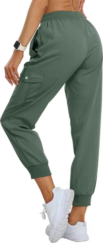 Vista 3 de MoFiz Pantalones cargo para mujer, ligeros, con cintura elástica, pantalones deportivos de senderismo, pantalones casuales de viaje con bolsillo
