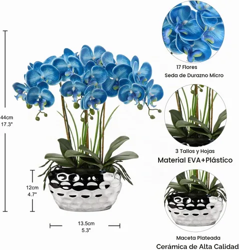 Vista 2 de Briful Orquídeas artificiales de 18 pulgadas, orquídea azul Phalaenopsis grande con macetas de cerámica plateada, flor de orquídea falsa