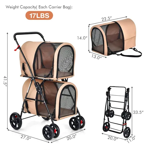 Vista 5 de Giantex Cochecito doble para mascotas con 2 bolsas de transporte desmontables, cinturón de seguridad, 4 ruedas con bloqueo, cochecito plegable