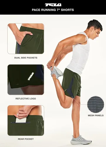 Vista 4 de TSLA Men's Active Running Shorts, Training Exercise Workout Shorts, Quick Dry Gym Athletic Performance Shorts with Pockets