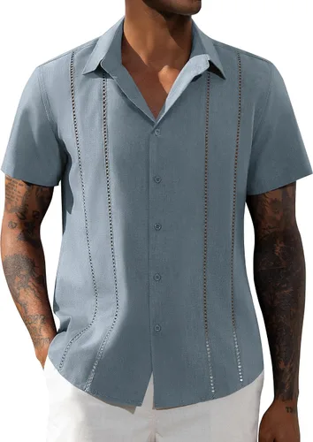 Vista 12 de Camisa de manga corta de lino para hombre de DEMEANOR, camisa guayabera cubana con botones, camisa casual de verano para la playa, la vacación