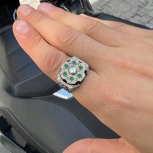 Vista 7 de Men Handmade Emerald Stone Ring, Rotating Split Ring, Micro Stone Ring, Ottoman Style Silver Ring, 925k Sterling Silver Ring