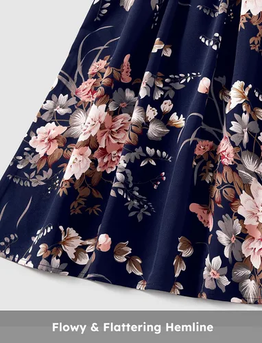 Vista 4 de PATPAT Conjuntos familiares a juego para mamá y yo, vestidos tropicales bohemios florales sin mangas, vestidos largos y camisetas a juego, Azul