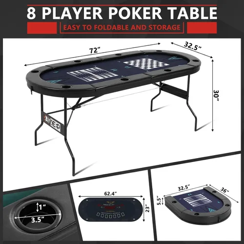 Vista 8 de RAYKEEP - Mesa de póquer plegable 4 en 1 de 72 pulgadas con alfombrilla de juego intercambiable 8 Player Folding Casino Table for Texas Holdem and