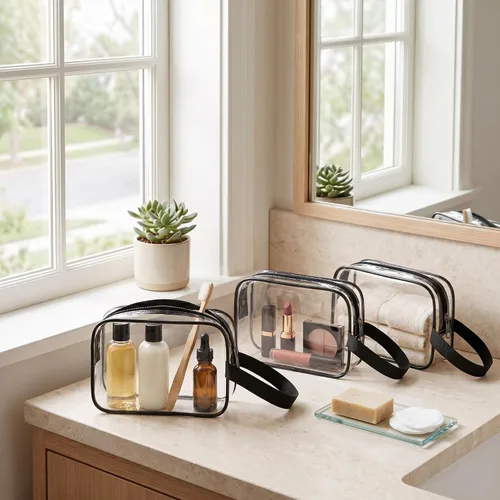 Vista 2 de Silkfly Clear Toiletry Bag PVC Travel Cosmetic Bag with Handle Strap Makeup Pouch with Zipper Summer Vacation Salon Graduation Gift End of the Year
