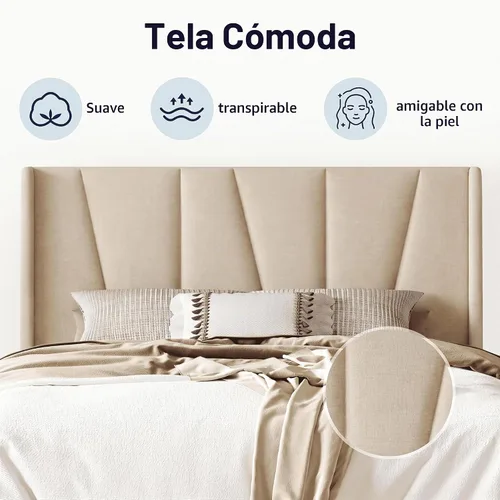 Vista 6 de Allewie Base de cama de plataforma tamaño Queen con cabecera geométrica con respaldo de alas, cama tapizada bohemia con soporte de listones de Beige