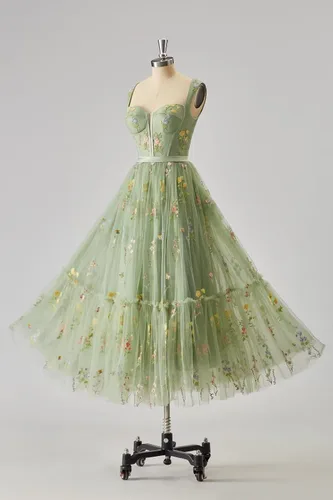 Vista 7 de Basgute Vestido de fiesta de tul con bordado de flores para mujer, corsé, largo, con tirantes delgados, de hadas, fruncido, formal, vestido de fiesta