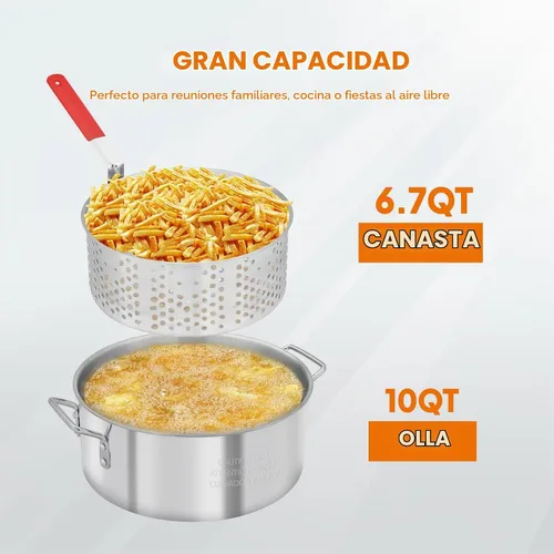 Vista 2 de ROVSUN olla para freidora de 10 cuartos con quemador de propano de 55,000 BTU, cesta colador de 6.7 cuartos, termómetro y tapa, olla de aluminio