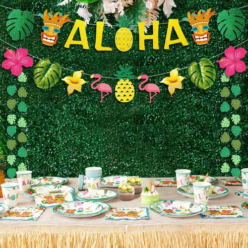 Vista 3 de Decoraciones de fiesta hawaiana Aloha – Cartel dorado brillante Aloha para suministros de fiesta temática de Luau tropical de Hawaii