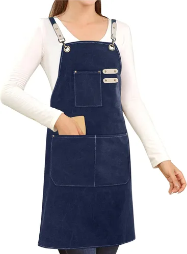 Vista 10 de Delantal de lona de algodón con espalda cruzada para pintar, jardinería, chef, barman, trabajo, impermeable, ajustable, con 3 bolsillos