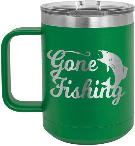 Vista 11 de GONE FISHING Taza de café negra de 15 oz con tapa deslizante Taza de café de viaje aislada Ideas de regalos de cumpleaños o Navidad de mujeres u