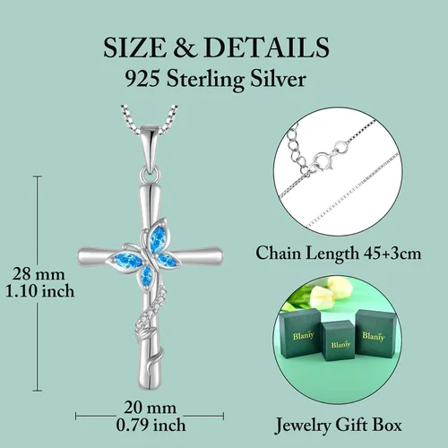 Vista 4 de Blaniy Collar de cruz para mujer, plata de ley 925, collar de mariposa, piedra natal, colgante de piedras preciosas creadas, regalos para mujeres