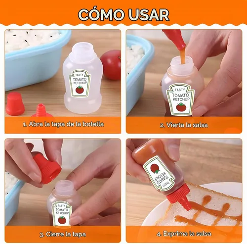 Vista 4 de Fantasyon 12 mini botellas de ketchup para accesorios de caja Bento, botellas exprimibles de condimentos de 0.8 fl oz, contenedor de salsa