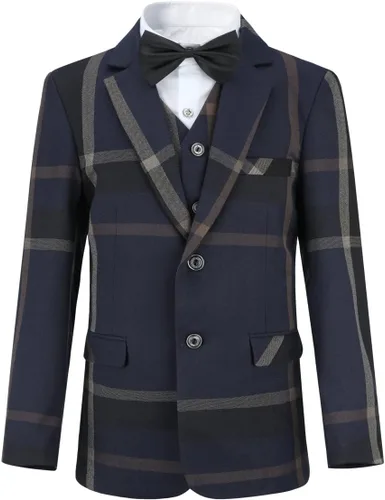 Vista 2 de SWOTGdoby Trajes de vestir para niños de 3 piezas, ajuste delgado, a cuadros, trajes de esmoquin para niños, chaqueta formal, chaqueta, pantalones