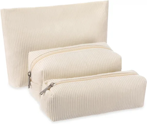 Vista 23 de Huhumy Juego de 3 bolsas de maquillaje para mujeres, bolsa cosmética de pana con sonrisa estética, bolsa de viaje para artículos de tocador, linda