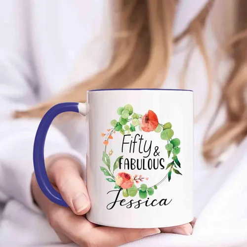 Vista 2 de Fifty & Fabulous - Taza de regalo para mujer/hombre, tazas personalizadas con nombre, regalos personalizados de 50 cumpleaños