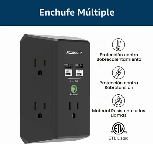 Vista 3 de POWERIVER - Extensor de sobretensiones multitoma de corriente con 5 salidas de CA y 4 puertos USB (2 USB C), 1,680 julios, divisor de salida