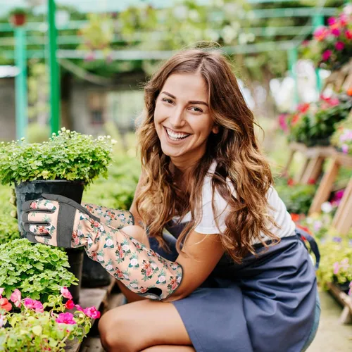 Vista 7 de Guantes largos de jardinería para mujer, guantes de cuero a prueba de espinas, guantes de trabajo transpirables para mujeres, patio, exteriores