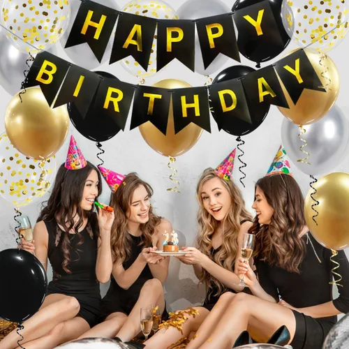 Vista 4 de Cartel de feliz cumpleaños, decoración de cumpleaños negro y dorado, 16 globos de 12 pulgadas con 2 cintas para hombres, mujeres, niñas y niños