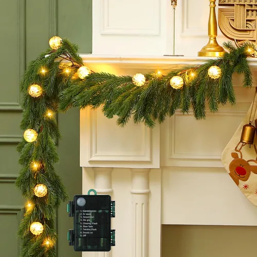 Vista 8 de Ceenna Guirnalda de cedro de Navidad preiluminada de 6.2 pies con luces, guirnalda de pino artificial con adornos de bolas, 8 modos de temporizador