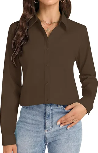 Vista 24 de Camisas con botones J.VER para mujer con cuello elástico y manga larga de algodón, camisa de vestir casual de negocios para el trabajo