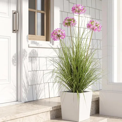 Vista 2 de Ttranewsoo Plantas artificiales de césped alto con macetas de 47 pulgadas, 1 paquete de césped artificial de lirio de los valles, decoración