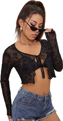 Vista 3 de Floerns Top corto de malla transparente de manga larga con frente abierto para mujer, sin brasier