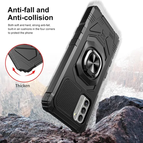 Vista 4 de Funda para Nokia G310 5G con protector de pantalla de vidrio templado, grado militar, resistente a prueba de golpes, con soporte de anillo para Negro