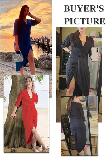 Vista 5 de Vestido sexy con cuello en V profundo para mujer, con abertura frontal, media manga, fruncido, elegante, vestido largo de fiesta