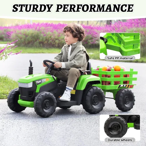 Vista 2 de TOBBI - Coche eléctrico para niños de 12 V con remolque, tractor para Verde