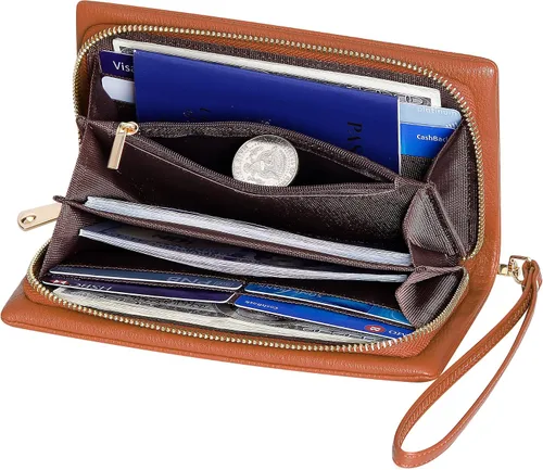 Vista 4 de Cartera para mujer, cartera de mano con soporte para teléfono, tarjetero grande de cuero vegano suave, Casual
