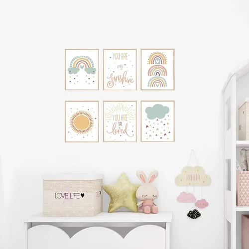 Vista 7 de LLOSEUP Juego de 6 impresiones artísticas de pared boho para cuarto de bebé, diseño de arco iris, corazón, lluvia, eres mi sol, inspirador
