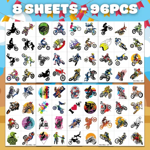 Vista 2 de Tatuajes temporales para motocross, 96 piezas (8 hojas) pegatinas de tatuaje falsas para niños y niñas Suministros para fiestas de cumpleaños