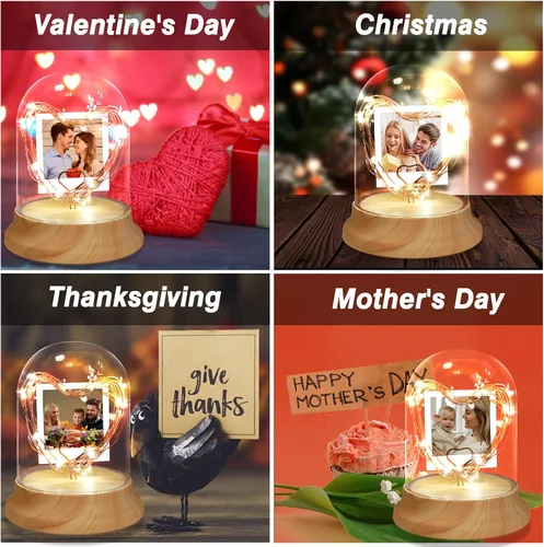 Vista 5 de Luz nocturna personalizada con foto, lámpara de noche personalizada con imagen de corazones en pantalla de vidrio con cadena de luces LED, regalos