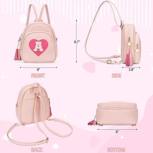 Vista 7 de Mini mochila inicial para niñas, linda mochila pequeña con corazón para niños, con borla, regalos personalizados para adolescentes y mujeres, Rosa, A