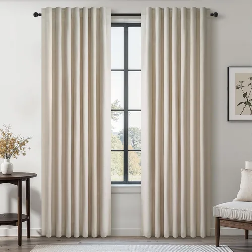 Vista 54 de Topfinel Cortinas opacas, blanco beige, 2 paneles, ventanas pequeñas, textura, mezcla de lino, bohemia, abedul, rural, gancho, bolsillo trasero
