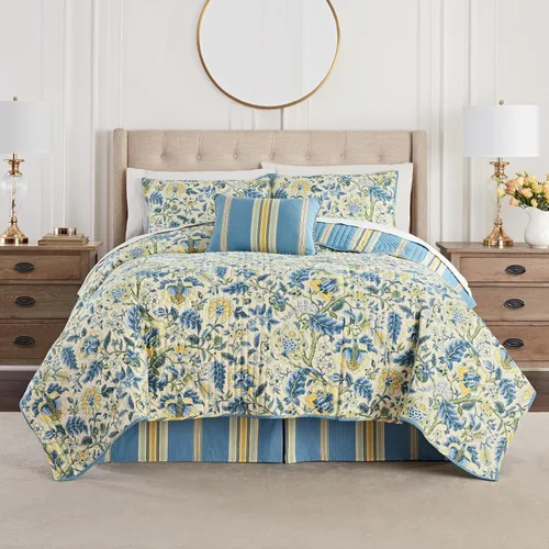 Vista 2 de Waverly Imperial Dress - Juego de colcha reversible de 4 piezas con diseño floral jacobeo, suave, para todas las estaciones, tamaño Porcelana