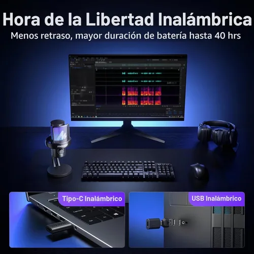 Vista 2 de MAONO Micrófono inalámbrico para PC, micrófono condensador de transmisión de juegos con cambio de voz AI de software, cancelación de ruido de 3