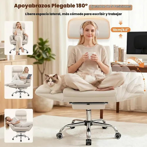 Vista 6 de Silla de oficina de cuero grande y alta, brazos abatibles con Beige