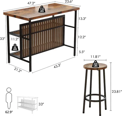 Vista 2 de Recaceik Juego de pub de 3 piezas, 2 taburetes de bar rectangulares, juego de 2 mesas de comedor de madera, mesa moderna de altura de mostrador