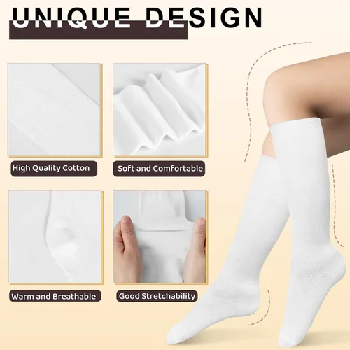 Vista 3 de Chalier 4 Pairs Girls Knee High Socks, Over Craft Cotton Socks Todo blanco